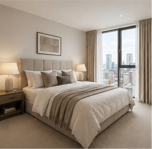 A calm bedroom set up for a longer corporate stay